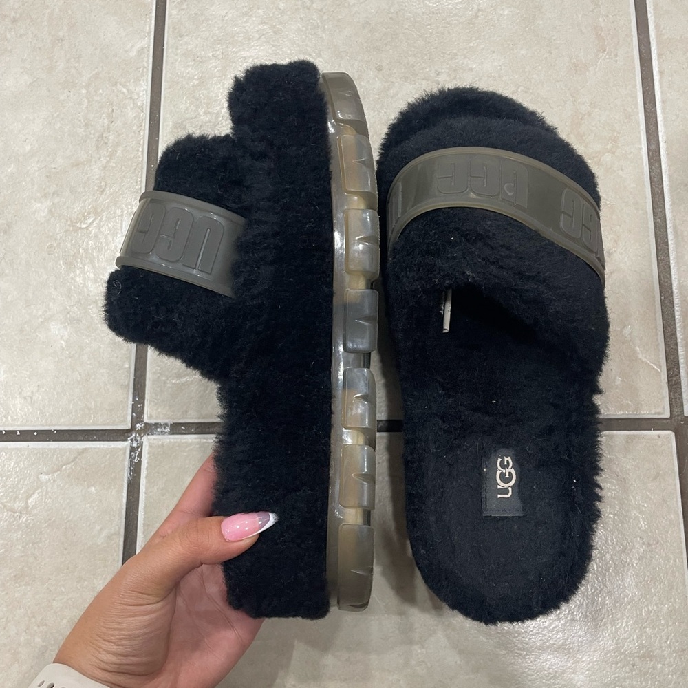 UGG Black Fluffy Slide Sandals with Clear Sole